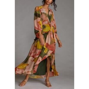 Anthropologie Hutch Geo Wrap Maxi Dress in Green/Pink Combo Boho Size X-Small